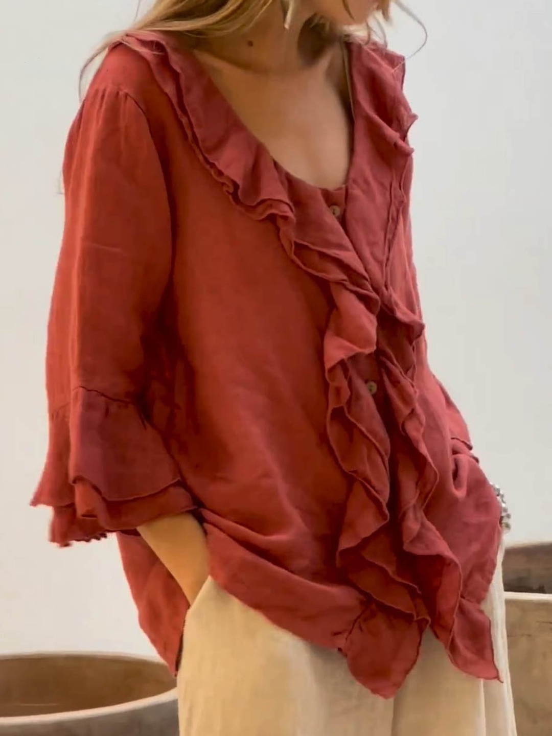 Women's Linen Ruffle Blouse and Wide Leg Trousers Pants