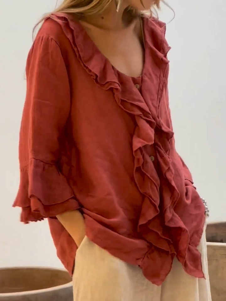 Women's Linen Ruffle Blouse and Wide Leg Trousers Pants