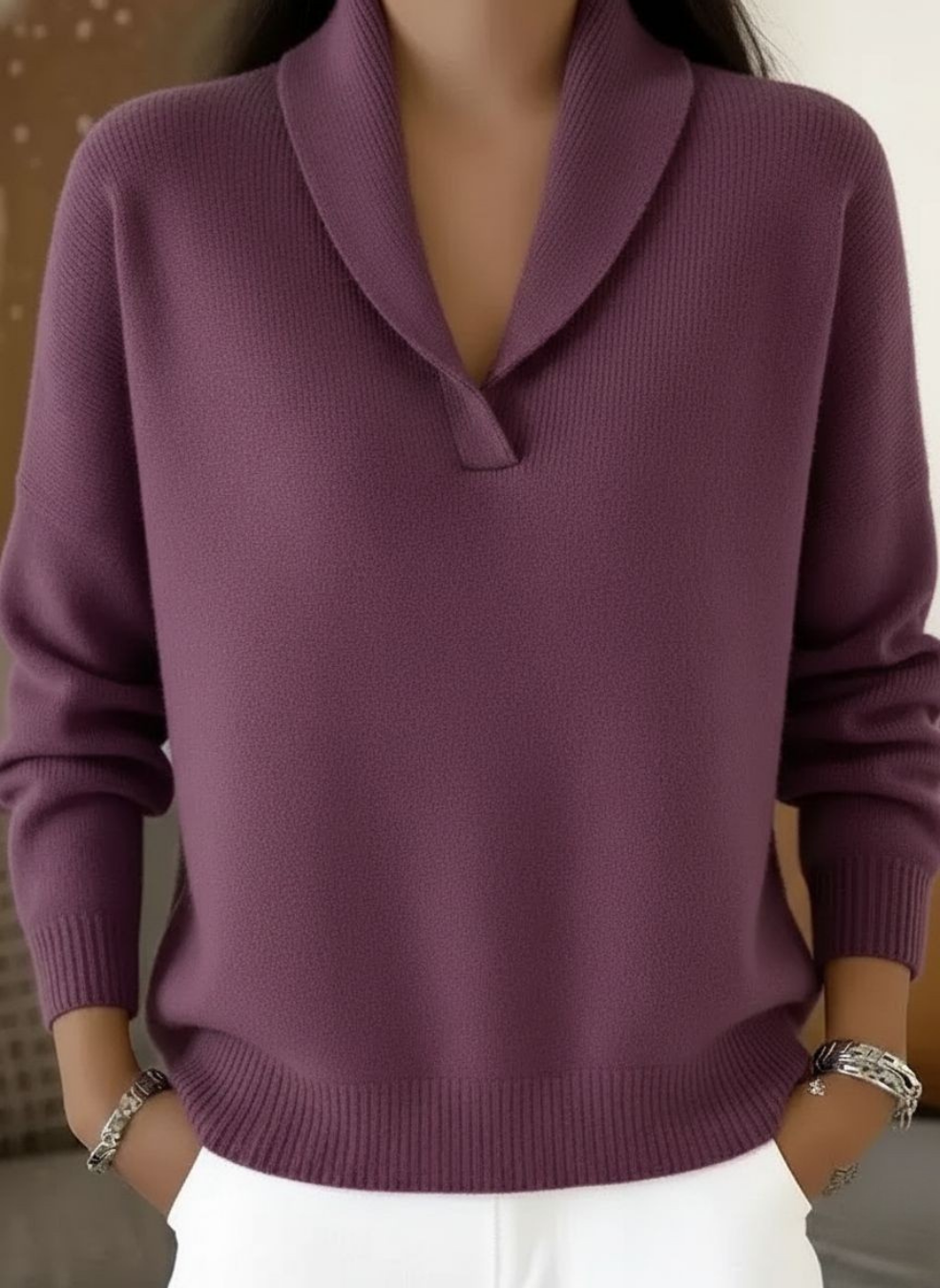 Women's Knit Shawl Collar V Neck Pullover Sweater