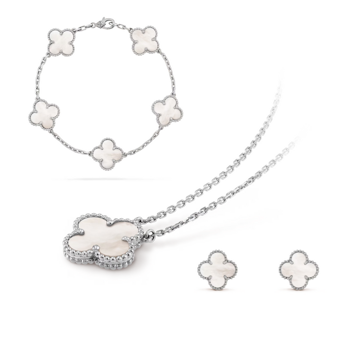 Women's Stainless Steel Jewelry Set Necklace Bracelet Earrings Clover Design
