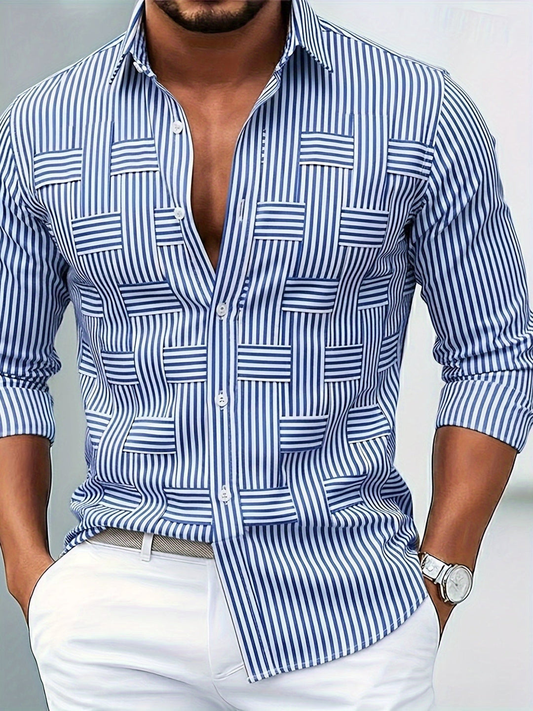Men's Linen Blend Striped Casual Long Sleeve Button Down Shirt