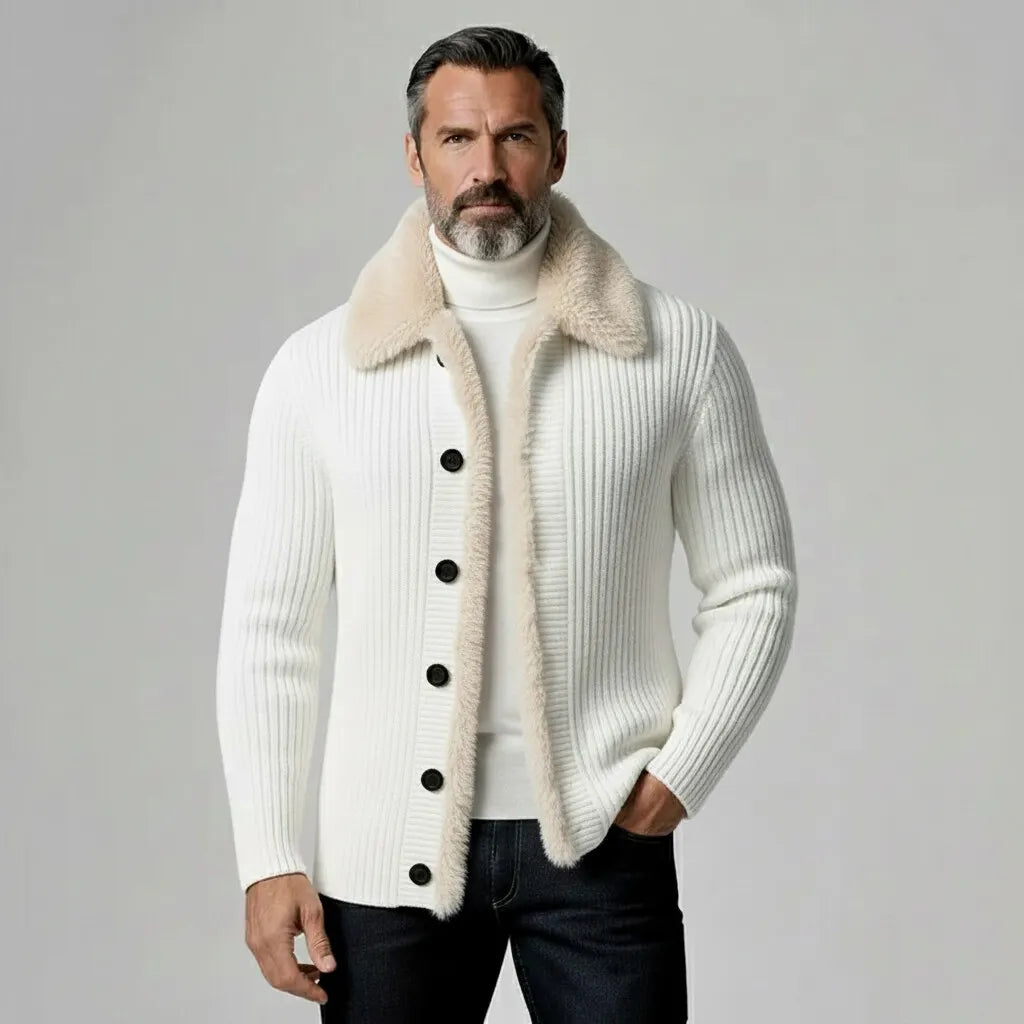 Cardigan pour homme en laine mérinos tricotée avec col en polaire