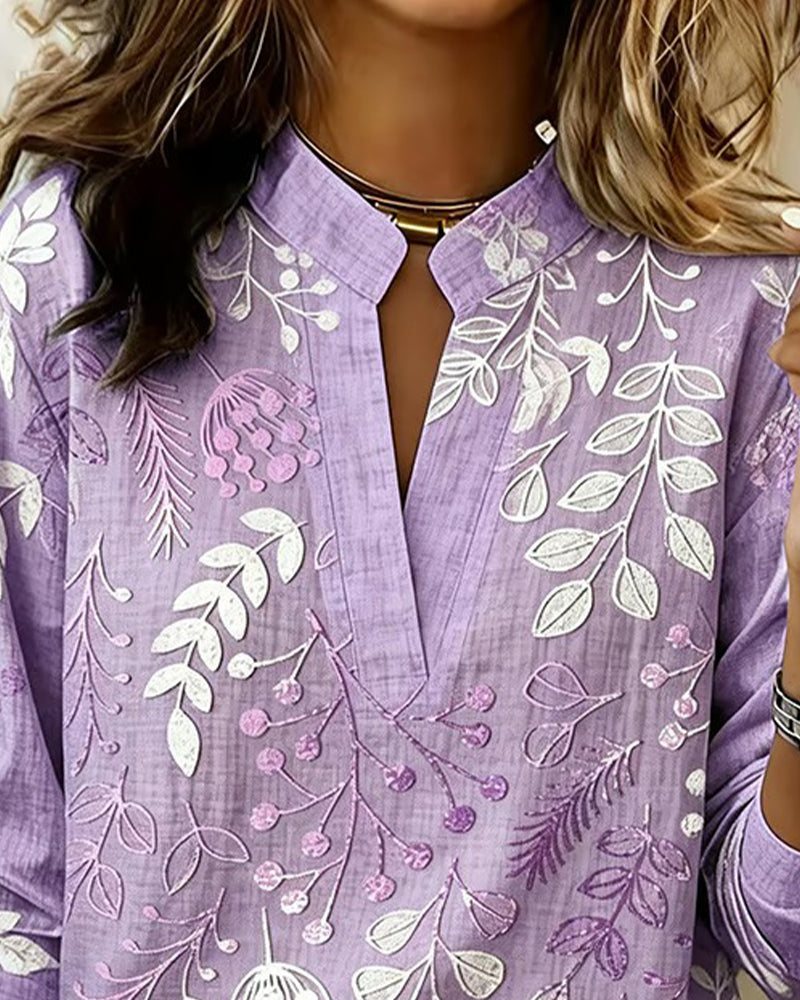 Women's Floral Print Linen V-Neck Long Sleeve Blouse
