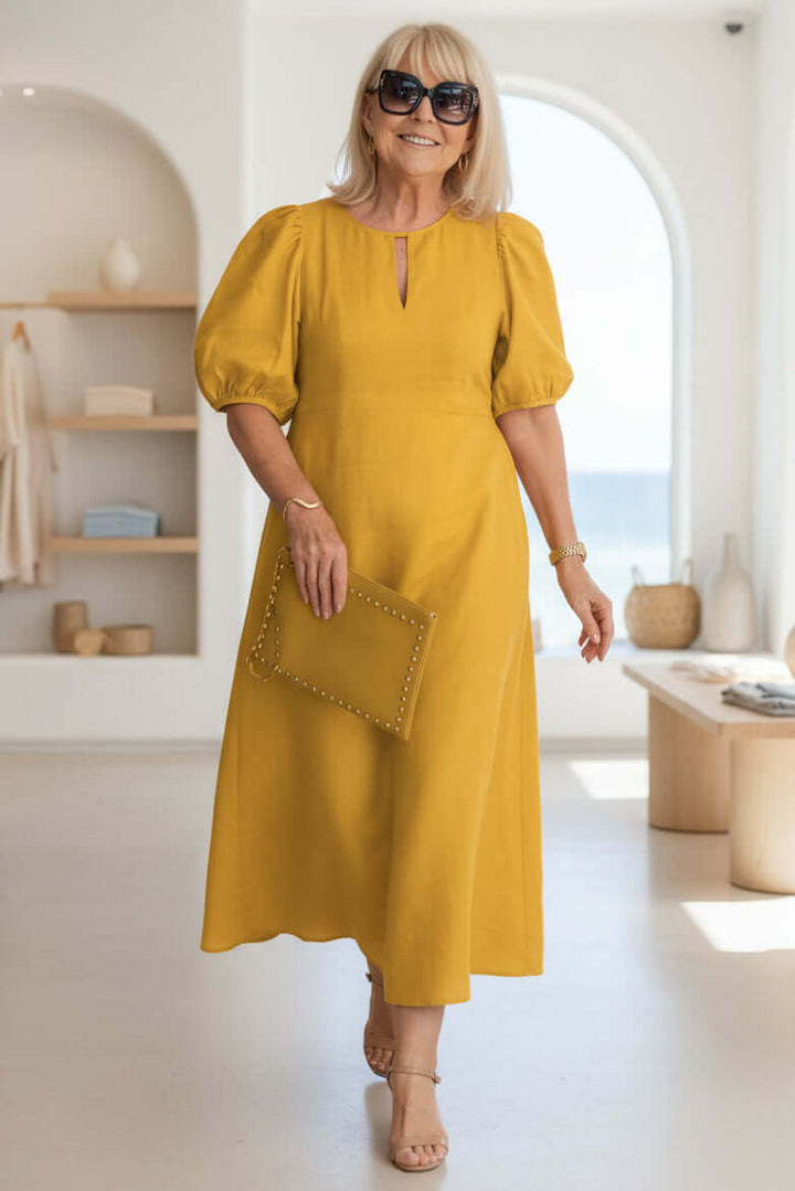 Women's Linen Blend Puff Sleeve Cutout Midi Dress