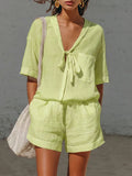 Women's Linen Short-Sleeve Matching Loungewear Set