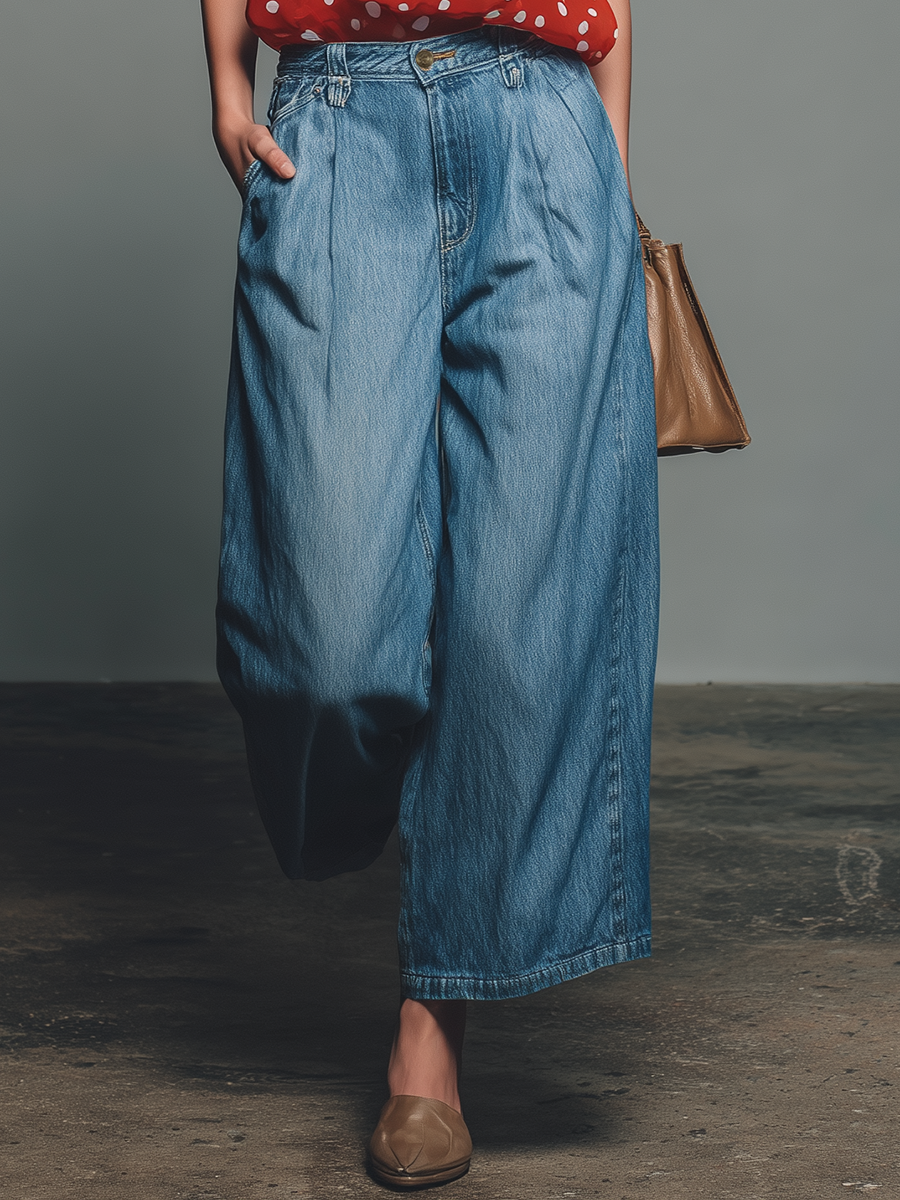 Women's Linen Blend V-Neck Top and Wide Leg Denim Trousers Set