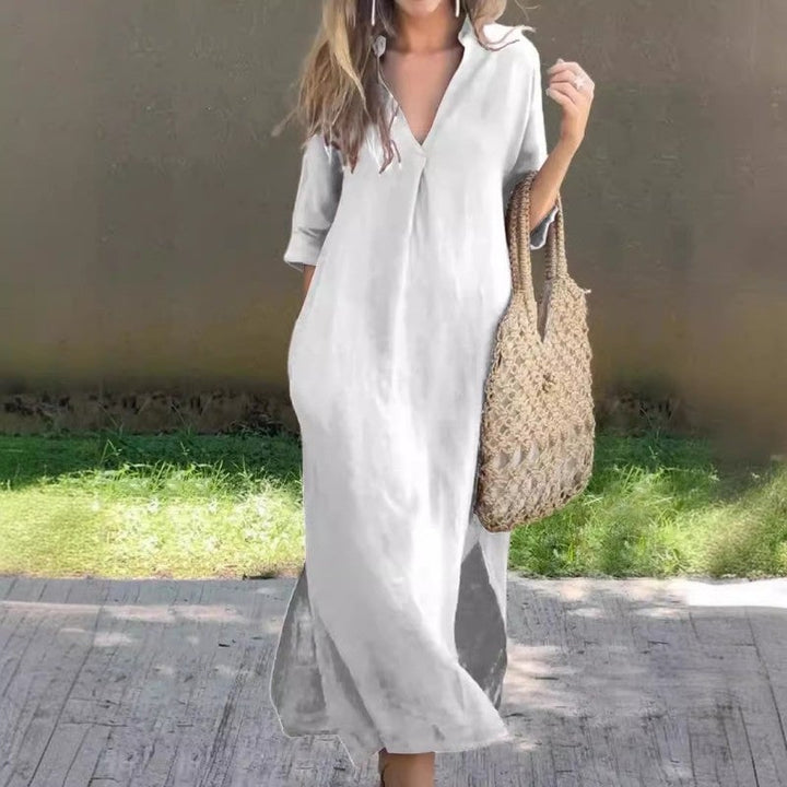 Robe longue caftan pour femme en lin, col en V et manches courtes
