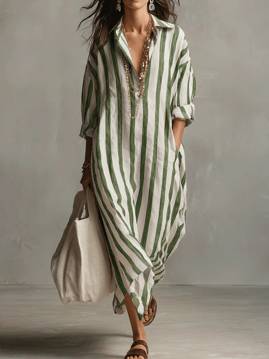 Women's Linen Striped Maxi Shirt Dress Casual Loose Fit Tunic