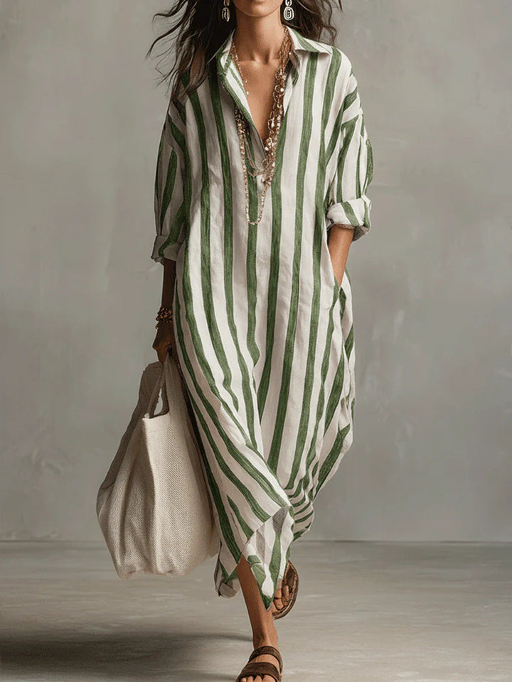 Women's Linen Striped Maxi Shirt Dress Casual Loose Fit Tunic