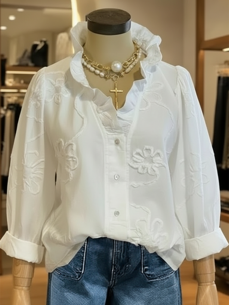 Women's Linen Ruffle-Collar Long-Sleeve Blouse