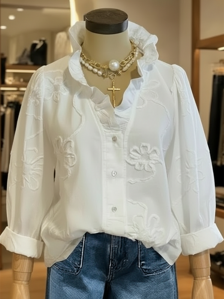 Women's Linen Ruffle-Collar Long-Sleeve Blouse