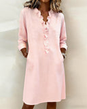 Women's Linen Dress Casual V Neck Tunic Shift Long Sleeve Shirt