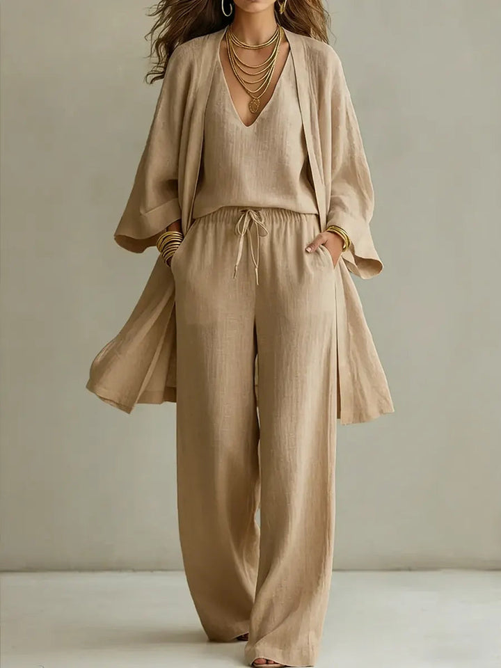 Women's Linen Loungewear Set 3-Piece Co-ord Wide Leg Trousers