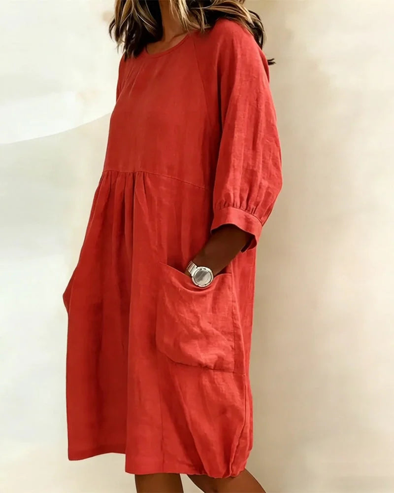 Women's Linen Crewneck Pocket Gathered Loose Dress
