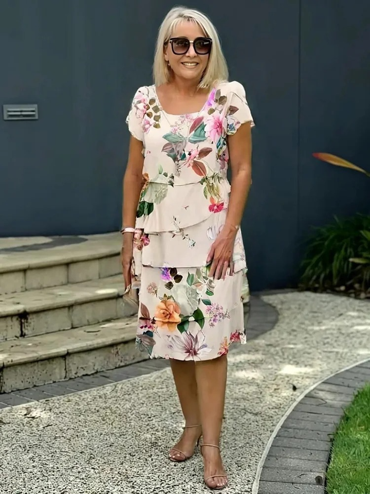 Women's Linen Blend Short-Sleeve Tiered Floral Dress