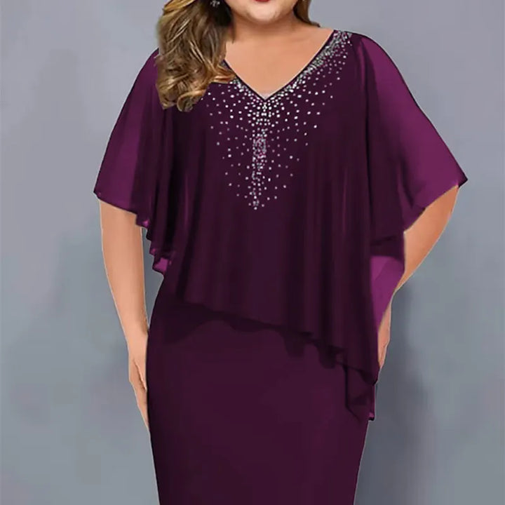 Damska sukienka midi z szyfonową pelerynką, dekoltem w serek