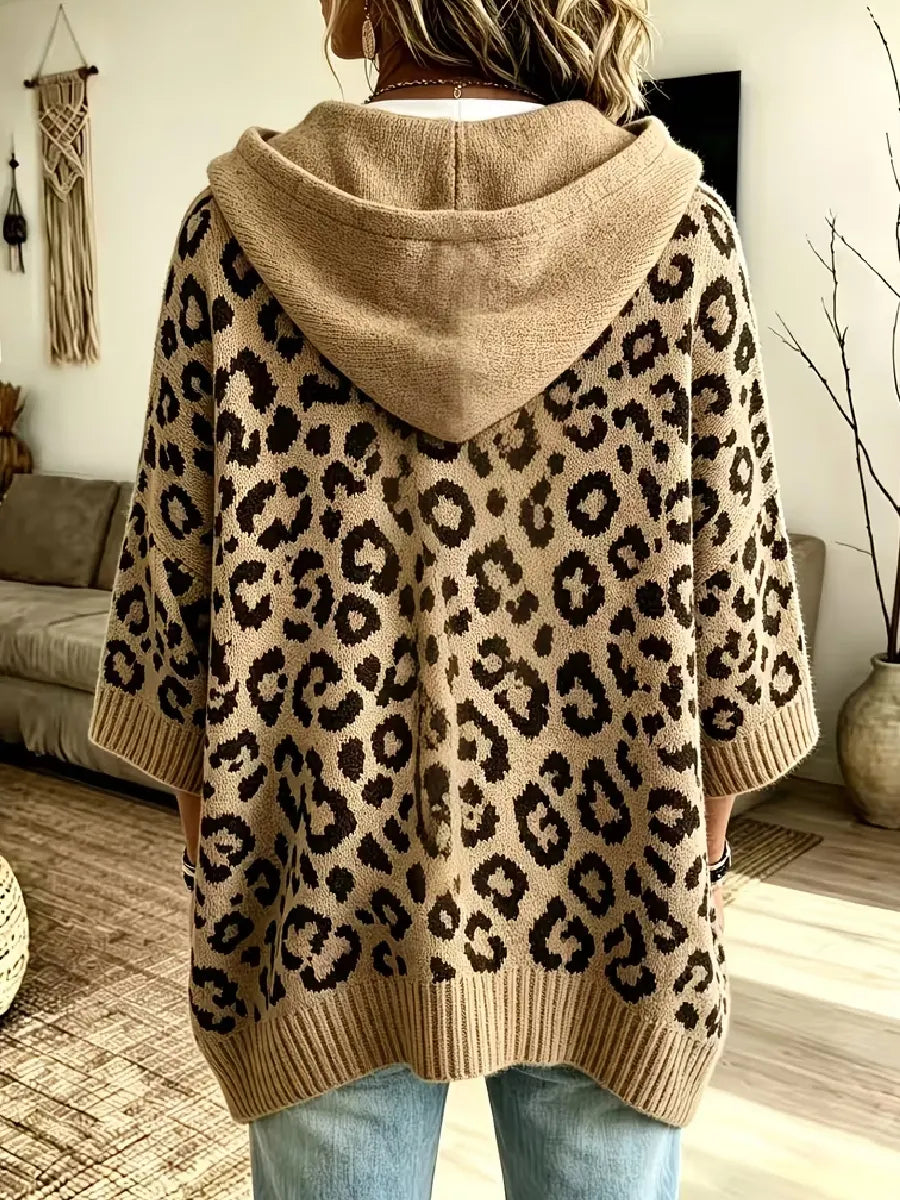 Women's Hooded Leopard Print Knit Poncho Sweater Pullover Jumper
