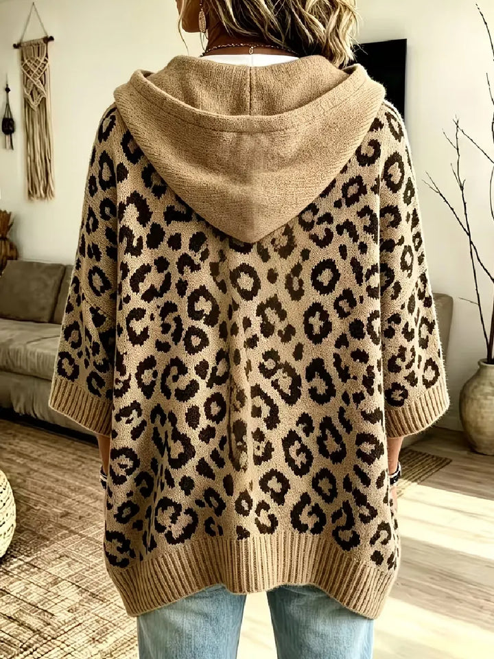 Women's Hooded Leopard Print Knit Poncho Sweater Pullover Jumper