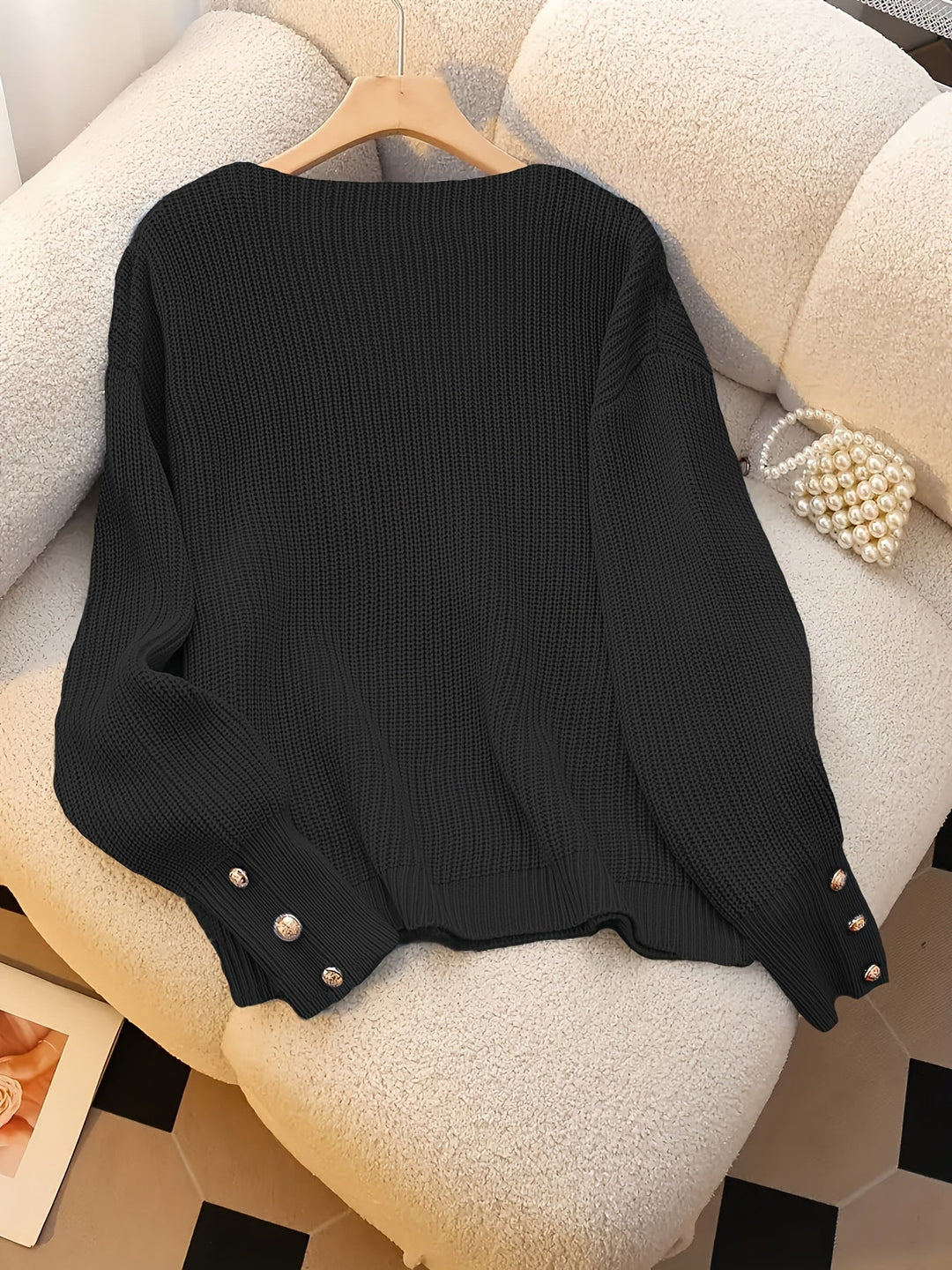 Women's Knit Ribbed V-Neck Button-Cuff Sweater