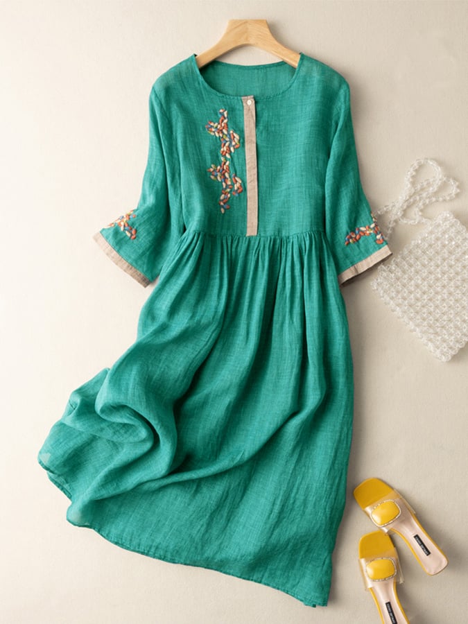 Women's Embroidered Linen Midi Dress Dress Floral Boho Casual A-Line Fit