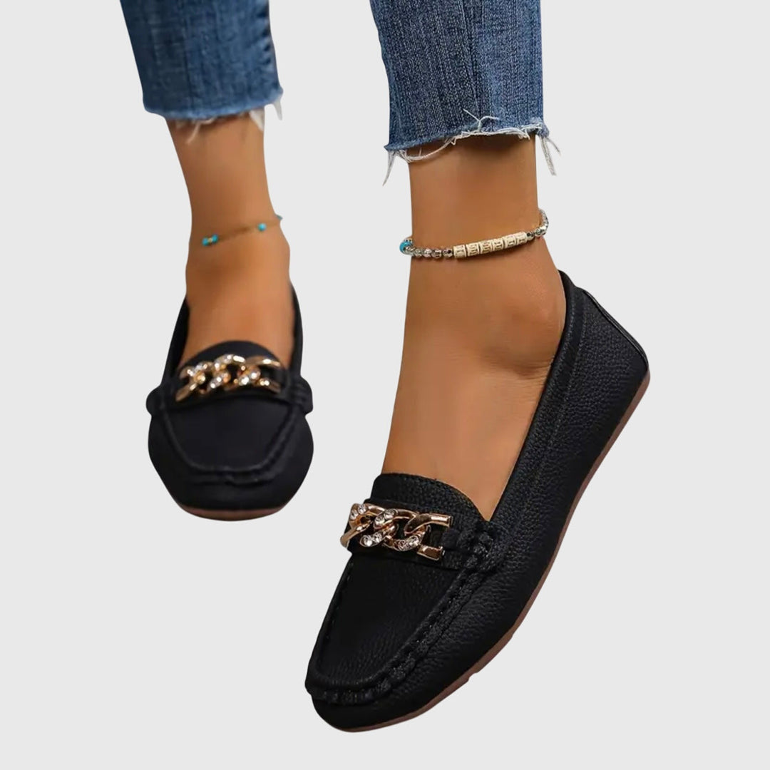Women's Leather Loafers Chain Flat Shoes Moccasins Slips On