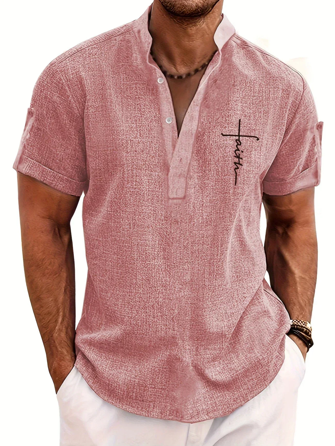 Men Henley Linen Shirt Casual Short Sleeve Cross Graphic Tee