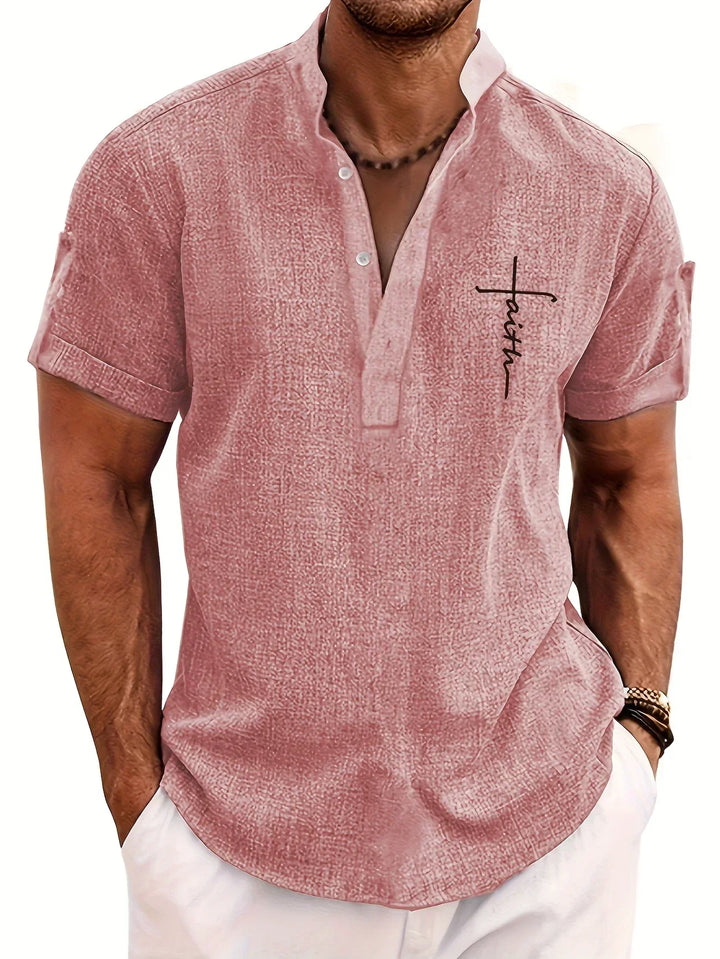 Men Henley Linen Shirt Casual Short Sleeve Cross Graphic Tee
