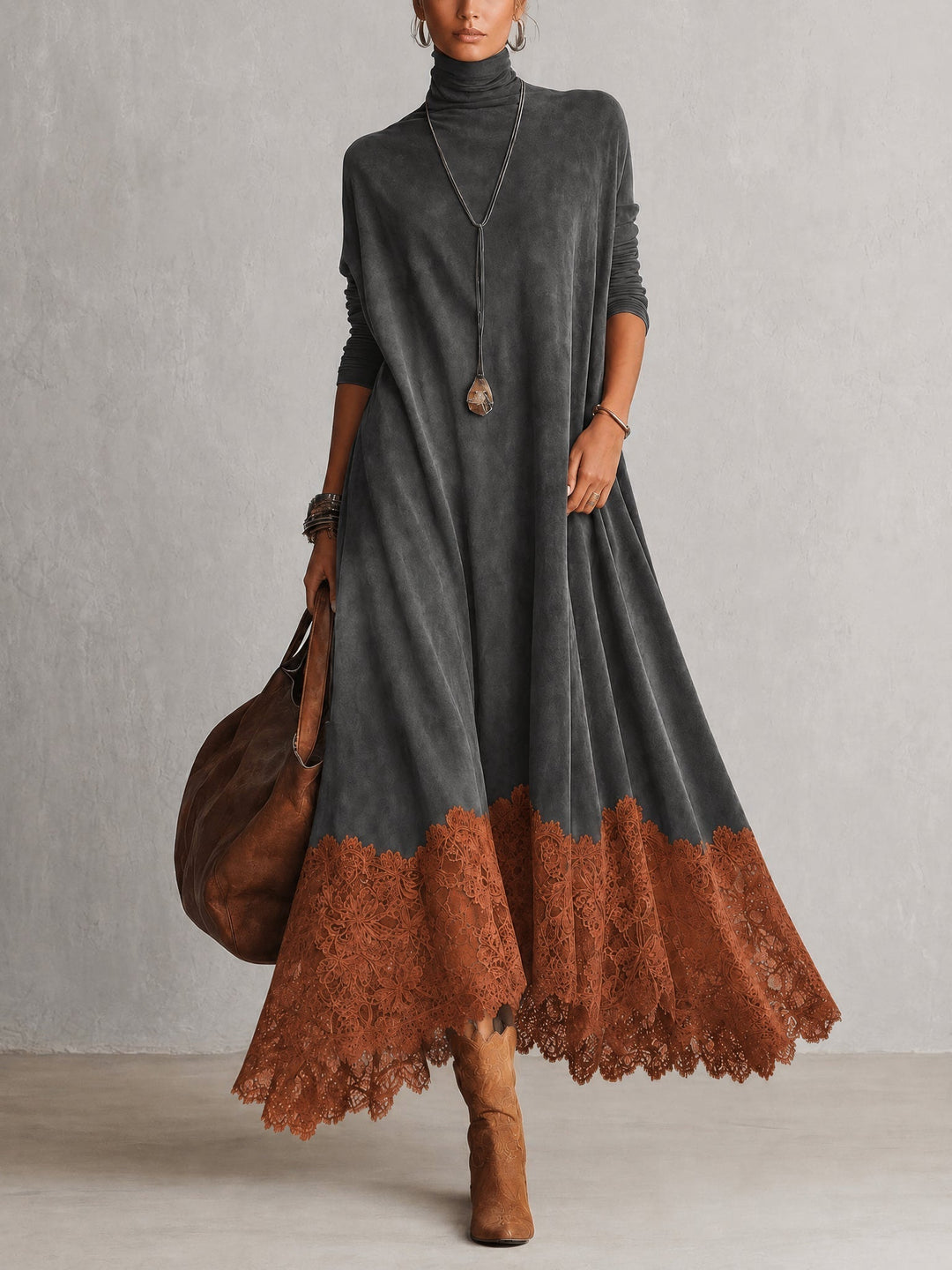 Dámské pletené maxi šaty s rolákem a volným oversized střihem