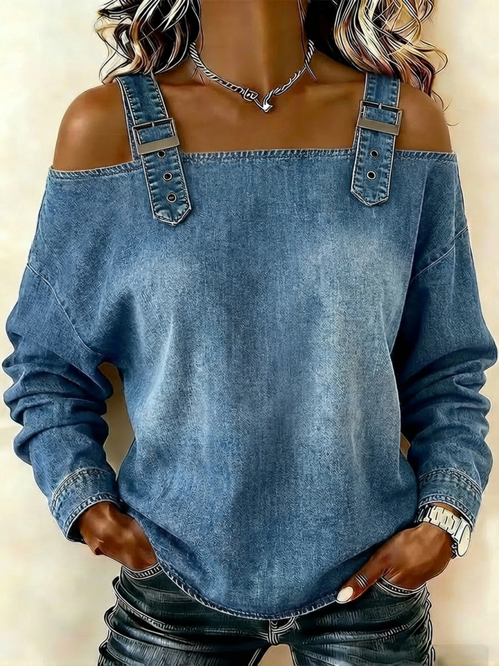 Women's Denim Cold Shoulder Long Sleeve Top Denim Pullover Blouse