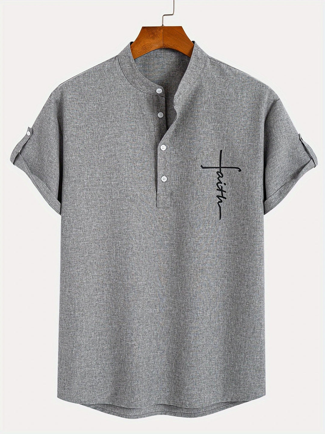 Men Henley Linen Shirt Casual Short Sleeve Cross Graphic Tee