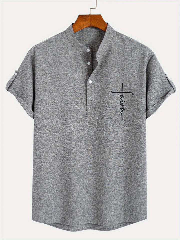 Men Henley Linen Shirt Casual Short Sleeve Cross Graphic Tee