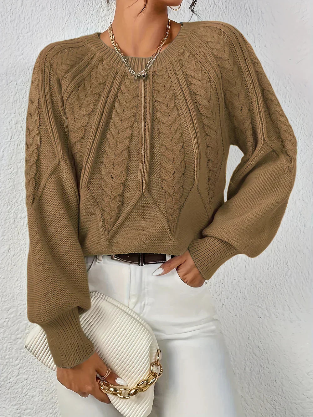 Women's Knit Jumper Cable Crew Neck Wool Mix Pullover Sweater