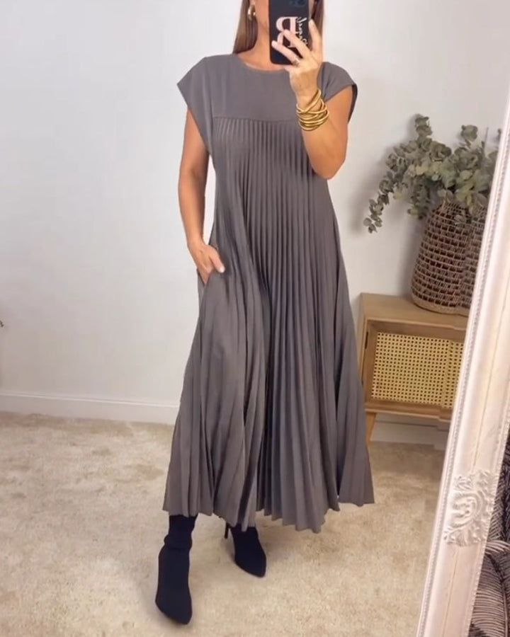 Women's Pleated Linen Maxi Dress Casual Sundress Loose Fit