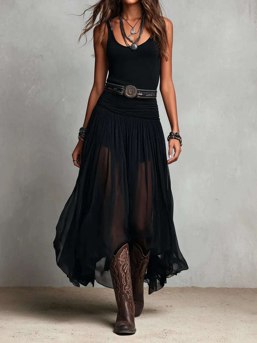 Women's Chiffon Sleeveless Belted Flowy A-Line Maxi Dress