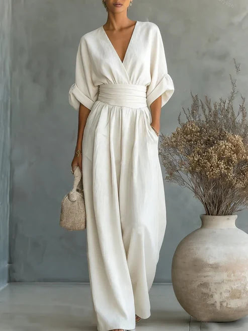 Women’s Linen Blend V-Neck Wide-Leg Jumpsuit