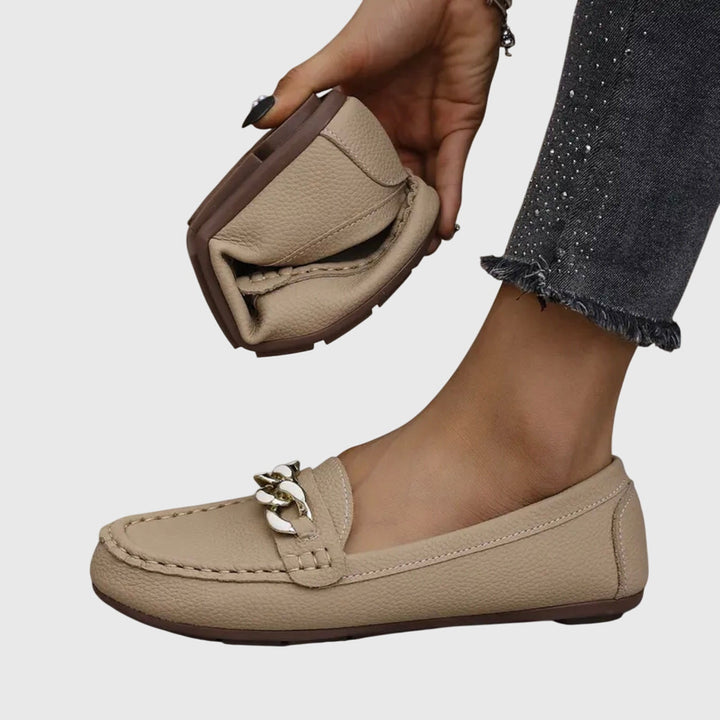 Women's Leather Loafers Chain Flat Shoes Moccasins Slips On