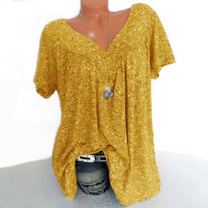Women’s Linen Printed V-Neck Short-Sleeve Blouse