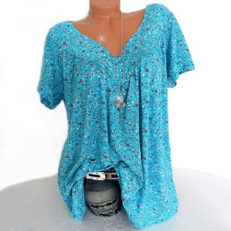 Women’s Linen Printed V-Neck Short-Sleeve Blouse