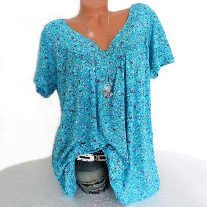 Women’s Linen Printed V-Neck Short-Sleeve Blouse