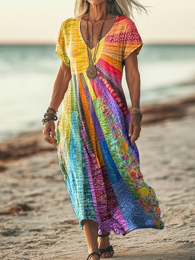 Women's Linen Boho V-Neck Patchwork Print Maxi Dress