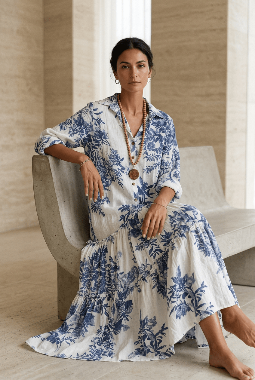 Women's Linen Floral Long Sleeve Shirt Boho Tiered Maxi Dress 