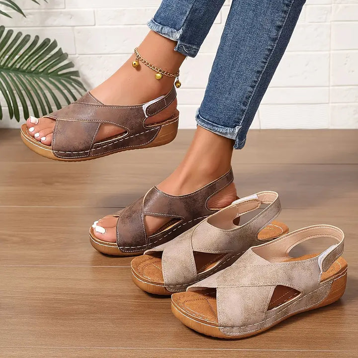 Women’s Leather Orthopedic Cross-Strap Slingback Wedges