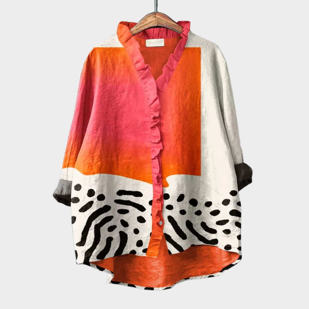 Women's Linen Long-Sleeve Ruffle Button-Up Blouse