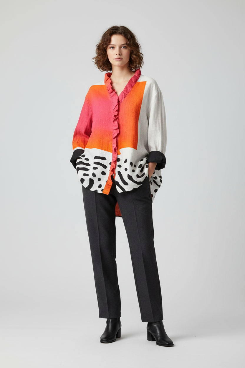 Women's Linen Long-Sleeve Ruffle Button-Up Blouse