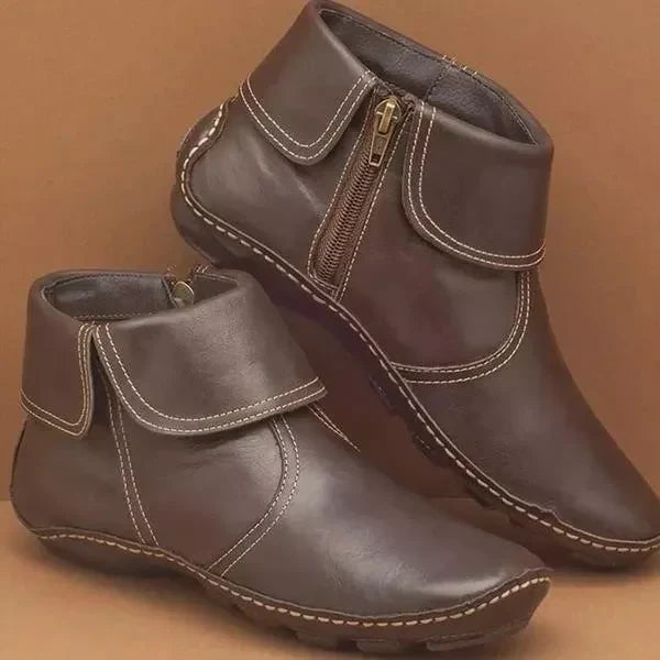 Women's Leather Ankle Boots Slip-On Comfort Shoes with Side Zipper