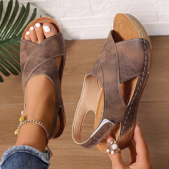 Women’s Leather Orthopedic Cross-Strap Slingback Wedges