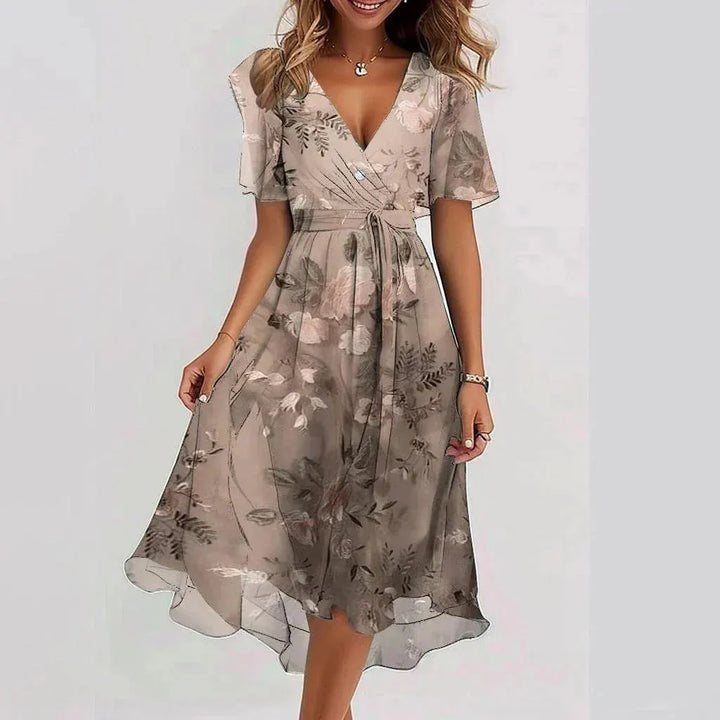 Women’s Linen Blend Floral V-Neck Short-Sleeve Midi Dress