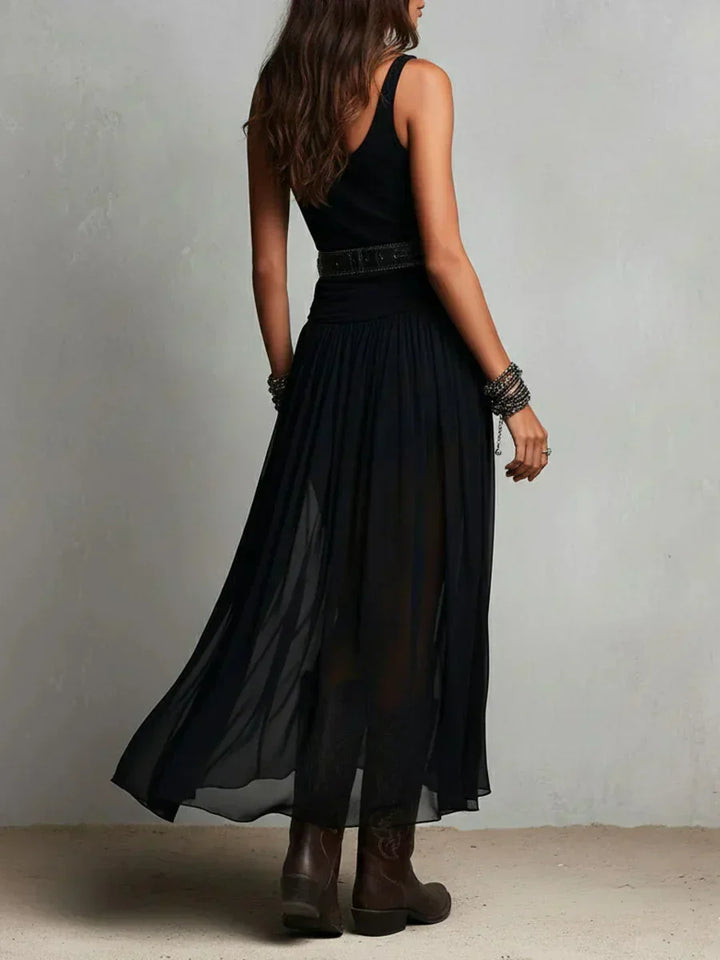 Women's Chiffon Sleeveless Belted Flowy A-Line Maxi Dress