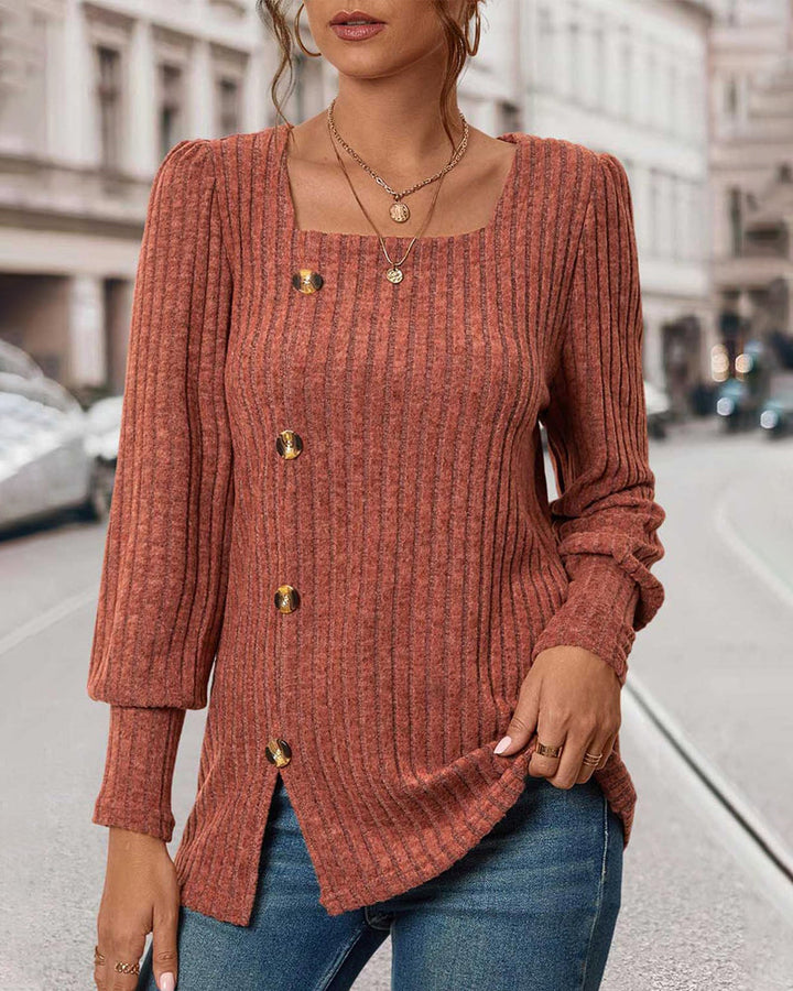 Women's Jumper Ribbed Knit Square Neck Long Sleeve Top