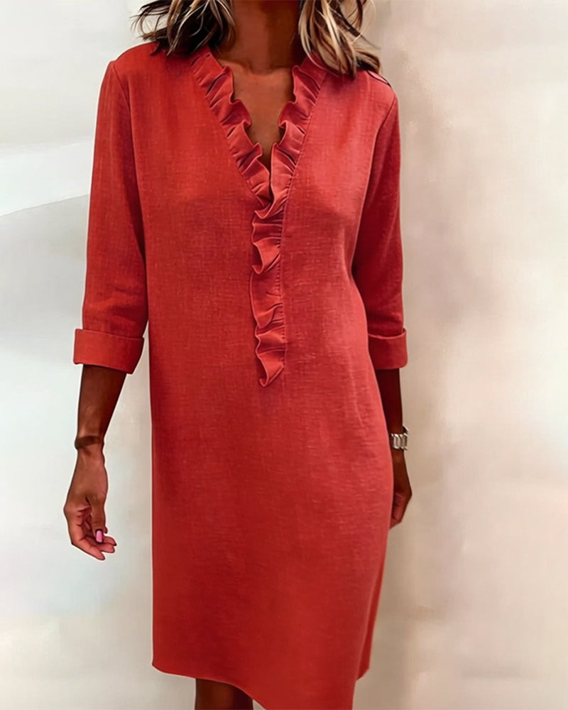 Women's Linen Dress Casual V Neck Tunic Shift Long Sleeve Shirt